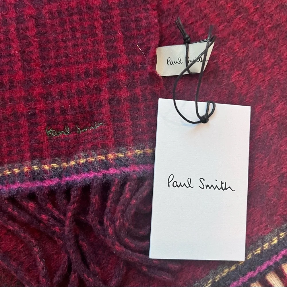 Paul Smith 100% Wool Scarf Wrap Striped Embroidered Signature Red - Holiday Gift